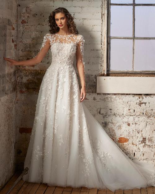 123234 long sleeve sparkly wedding dress with a line silhouette1